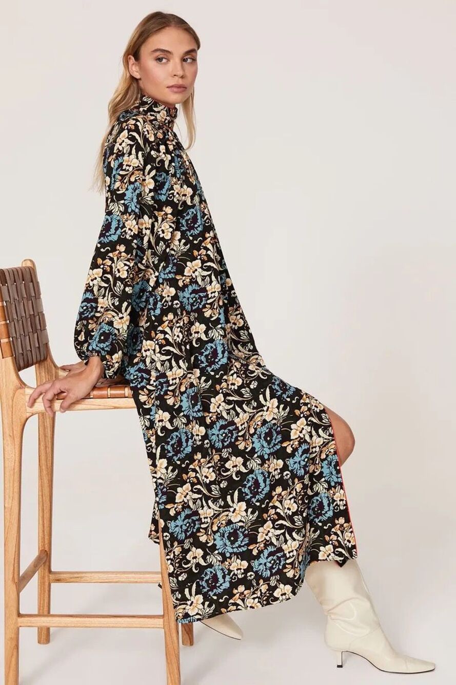 Rhode Fay Midi Turtleneck Dress in Brown Blue Floral XL
